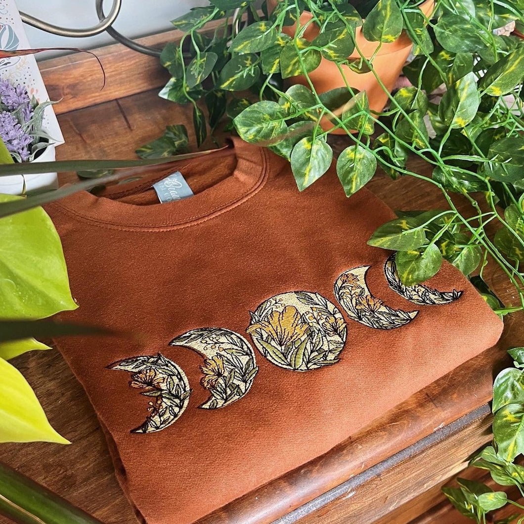 Camel Floral Moon Phase Embroidered Crewneck