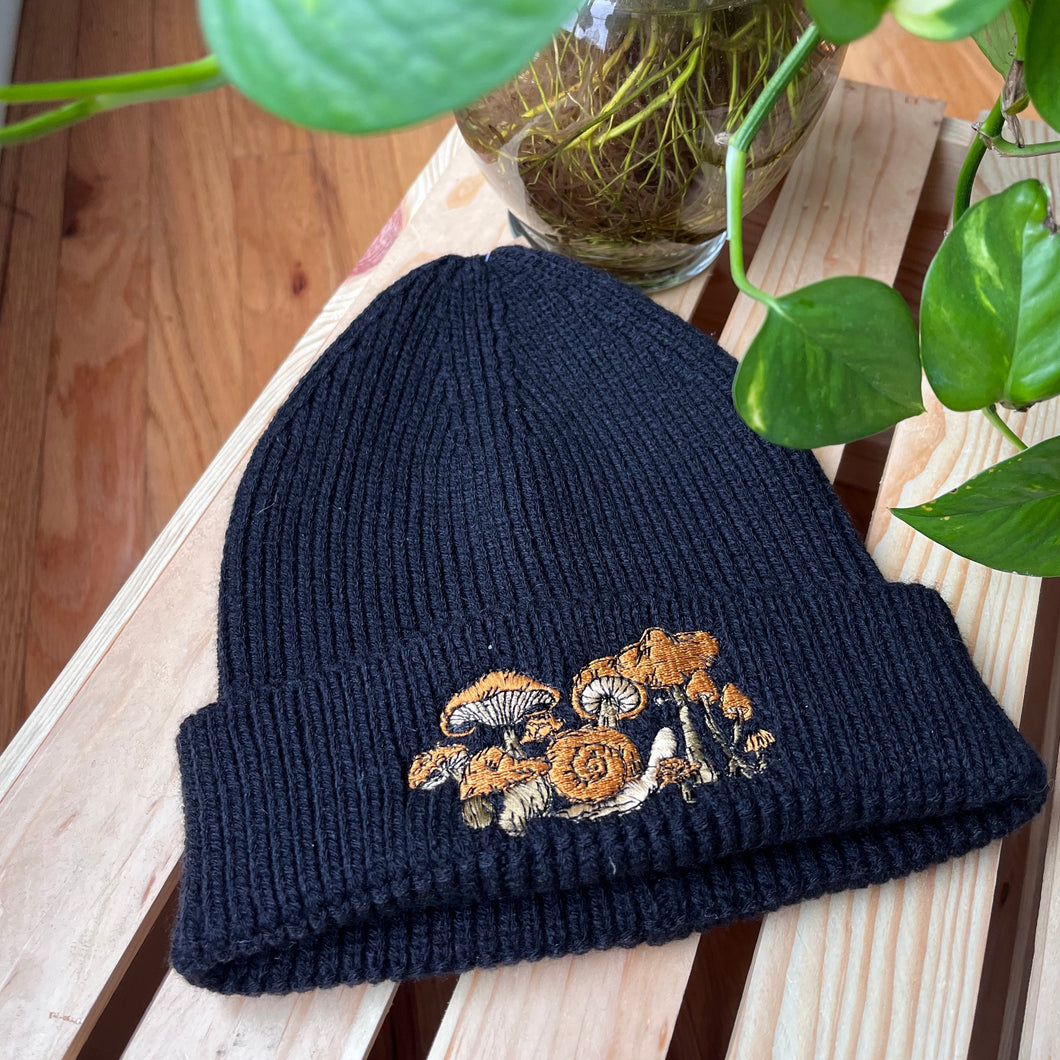 Black Rib Knit Embroidered Beanie